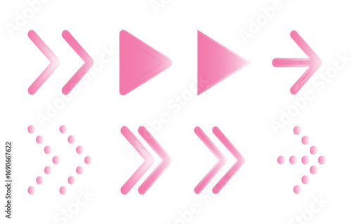A diverse collection of pink arrow icons, featuring a variety of styles and forms, symbolizing direction, progression, and user interface elements for digital design and web development purposes