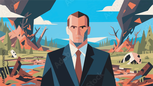 Illustration of Man in Suit with Natural Disaster Vector Design Template