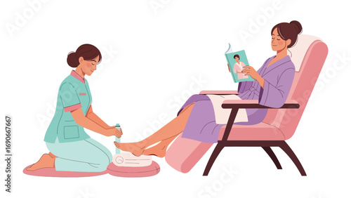 Woman relaxing in a comfortable chair while receiving a professional pedicure treatment at a beauty salon