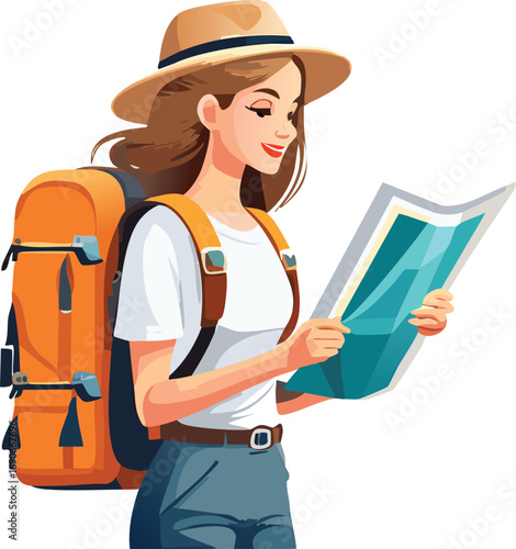 A young female traveler with an orange backpack and a sun hat smiles while reading a map.