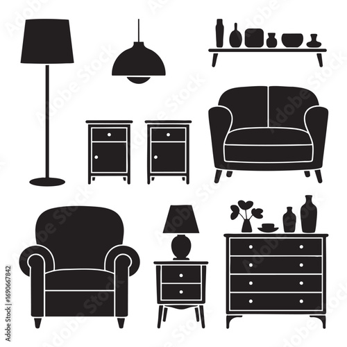Stylish Furniture Icons in Black and White for Home Decor and Design