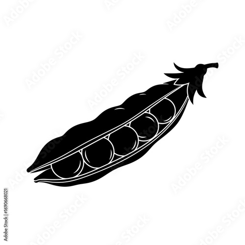 Black silhouette of an open pea pod with peas