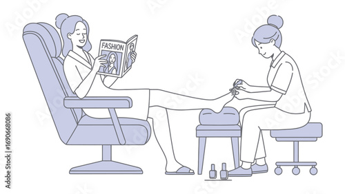 Relaxed person reading a magazine while receiving a professional pedicure service in a comfortable salon chair
