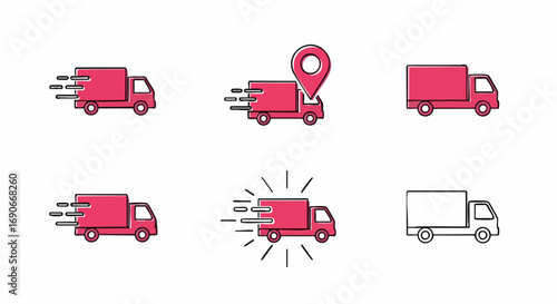 A versatile set of modern red delivery truck icons, perfect for representing fast shipping, logistics, and e-commerce services in web design, mobile applications, and business presentations