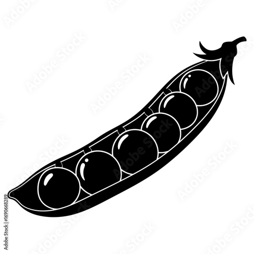 Black and white illustration of a pea pod with peas