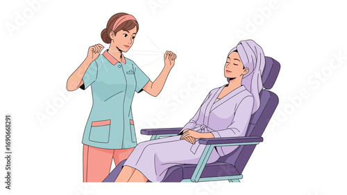 Aesthetician in uniform holding cosmetic tools examining a client with a towel wrapped around her head in a beauty salon chair