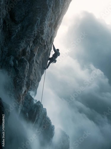 Conquering the Heights: A lone climber scales a sheer cliff face, embodying the spirit of human resilience and ambition amidst a dramatic mountain landscape. 