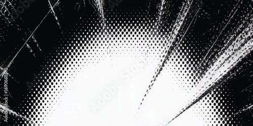 Abstract black and white halftone texture with chaotic blotches and gradient dots forming dynamic visual depth.