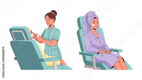 Aesthetician in uniform operating a modern beauty treatment machine while a relaxed client sits in a chair wearing a robe and towel