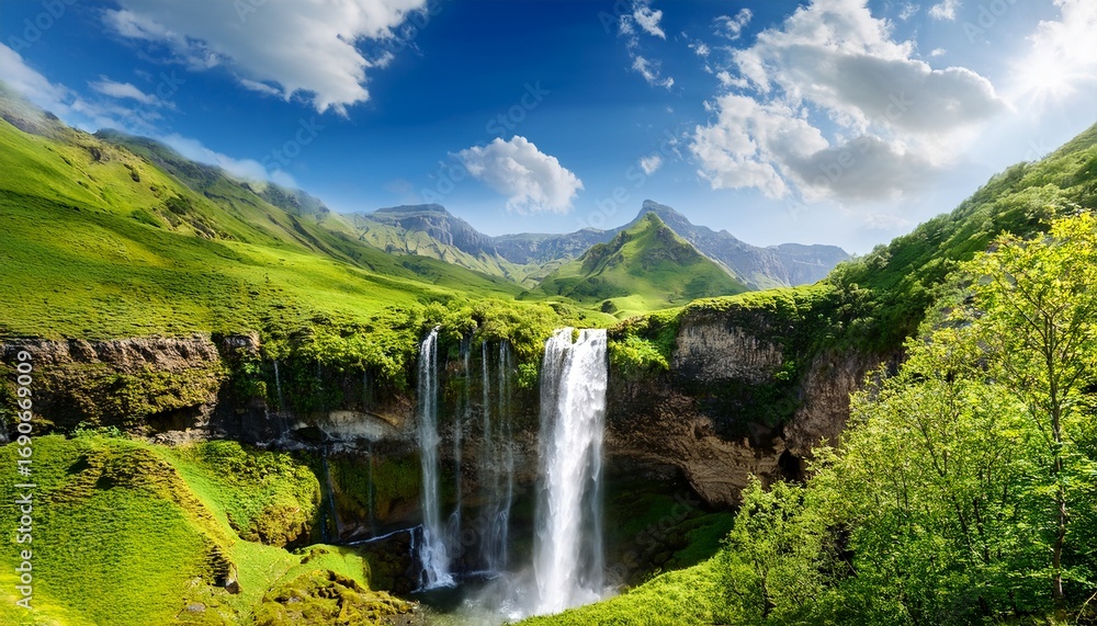 Fototapeta premium serene waterfall cascade surrounded by lush greenery and mountainous landscape beneath a bright blue sky with fluffy white clouds