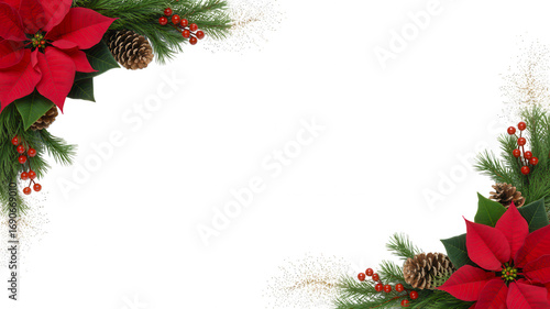 Festive christmas corner border with red poinsettias pine cones and evergreen branches isolated on transparent background