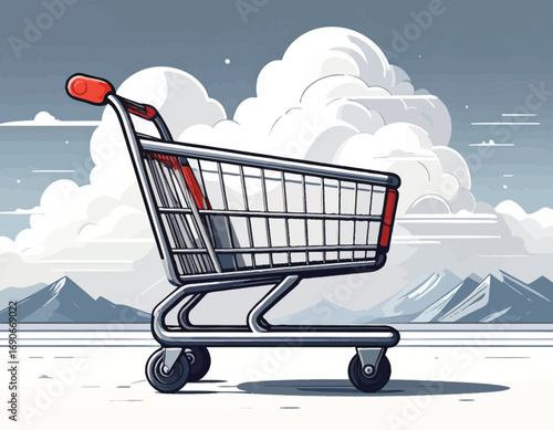 Empty Shopping Cart Against a Mountainous Landscape.