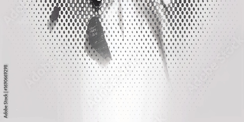 Abstract black and white halftone texture with chaotic blotches and gradient dots forming dynamic visual depth.
