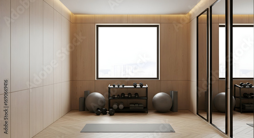 Wallpaper Mural Modern minimalist home gym interior design with natural light and sleek wood accents, perfect for a relaxing yet effective workout. Torontodigital.ca