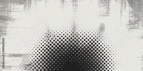 Abstract black and white halftone texture with chaotic blotches and gradient dots forming dynamic visual depth.