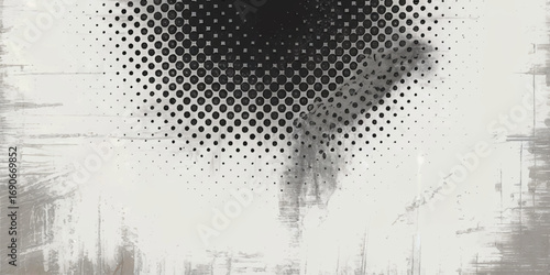 Abstract black and white halftone texture with chaotic blotches and gradient dots forming dynamic visual depth.