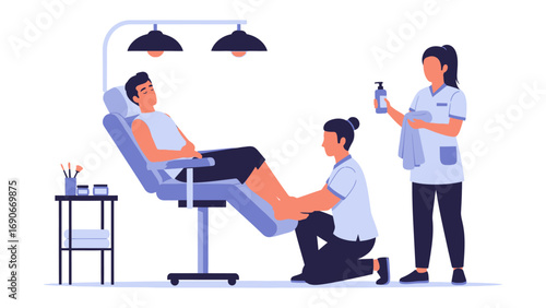 Medical professional attending to a patient receiving treatment in a reclined chair under examination lamps with a colleague observing