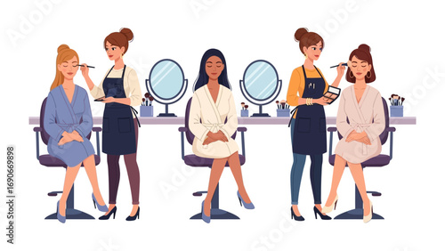 Diverse group of women receiving makeup application and hair styling services in a modern beauty salon setting
