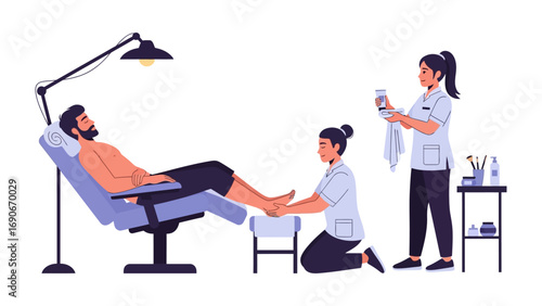 Professional podiatrist providing foot care and treatment to a male client in a comfortable reclining chair with a modern lamp and medical supplies