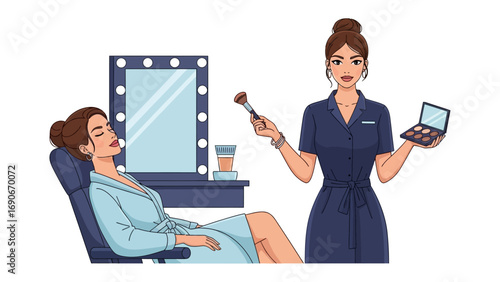 Professional makeup artist applying cosmetics to a client sitting in a chair in front of a lighted vanity mirror