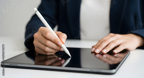 A businesswoman signs a digital document using a stylus on a tablet, signifying a modern business transaction and agreement.