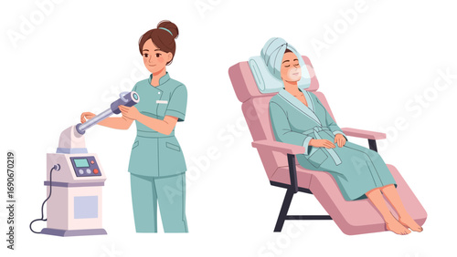 Professional beautician operating advanced skincare equipment for a client relaxing in a spa chair during a facial treatment