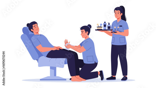 A man receives a professional manicure and pedicure treatment from skilled technicians in a modern salon with beauty products displayed