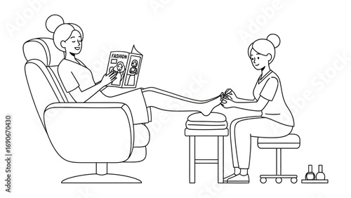 Line drawing of a woman receiving a pedicure in a salon chair while a nail technician works on her feet
