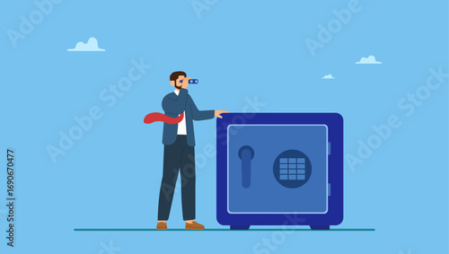 Businessman look through binocular from secured safe. Safe haven, money protection from investment, wait and see economics situation, protect wealth from inflation, financial security.