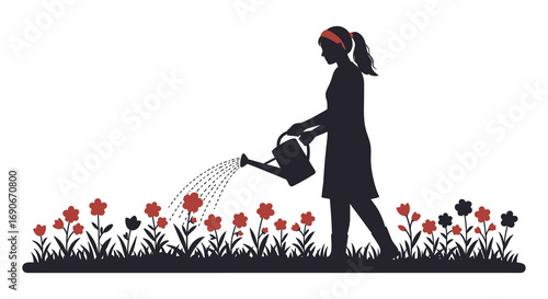 a woman watering flowers in her garden with care