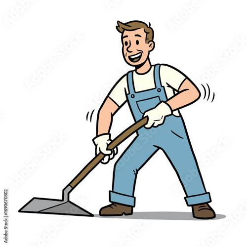 Young man smiling while using a floor trowel in work attire  