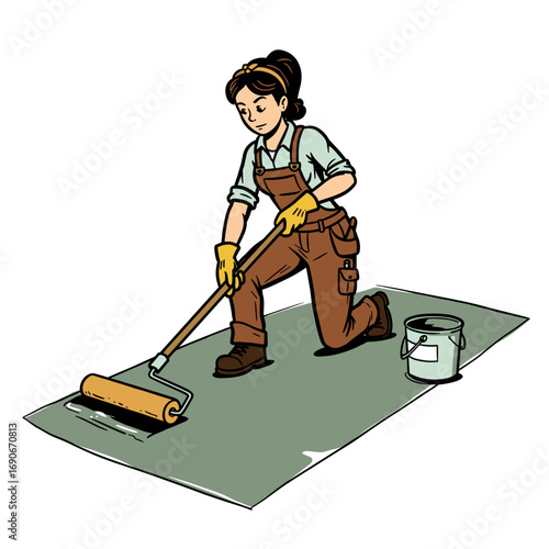 Young woman kneeling and painting floor with roller in workspace  
