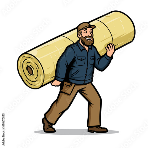 Man carrying a roll of fiberglass insulation with a beard and cap  
