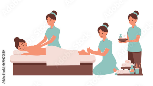 Serene spa scene featuring three female therapists providing massage and beauty treatments to a relaxed woman on a massage table
