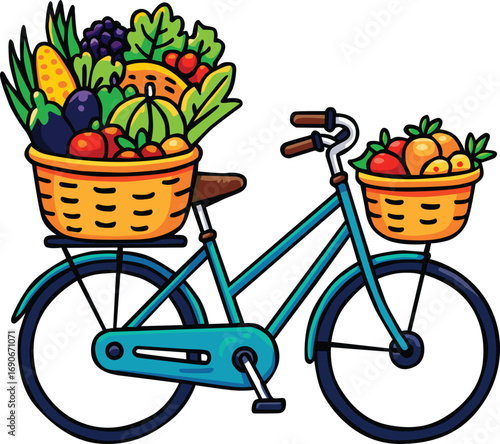 Colorful bicycle with front and rear baskets full of fresh vegetables and fruits, perfect for eco lifestyle, organic farming, healthy living, market delivery concept, editable EPS file included