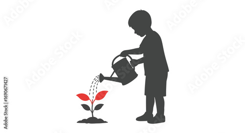 a child watering vibrant red flowers with care