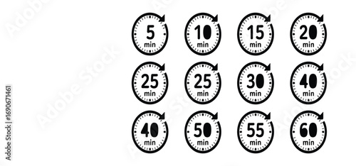 Time Management Clock Arrows Depicting Intervals of 5 to 60 Minutes