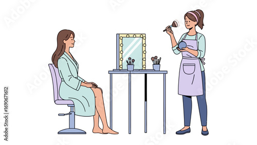 Professional makeup artist applying makeup to a seated woman in a salon with a vanity mirror and beauty tools