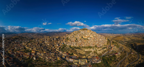 Panoramic view of Agira city in Sicily. August 2024. Aerial drone picture.
