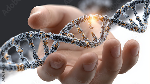 Hand holding DNA strand, showcasing intricate details and glowing elements, symbolizes genetic research and innovation