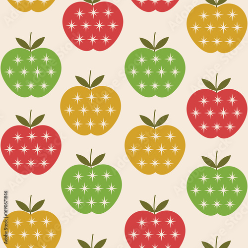 Cute Apple with Mid Century Atomic Starbursts seamless pattern in red, lime green and mustard yellow on light cream background. For kitchen décor, wallpaper and fabric