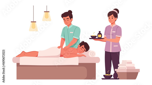 Two female massage therapists providing a relaxing back massage to a client lying on a massage table in a tranquil spa setting