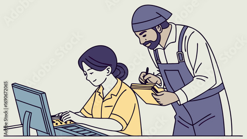 Illustration of two colleagues working together one on a computer and the other taking notes.