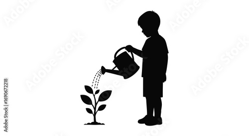 a child watering a young plant with care and attention