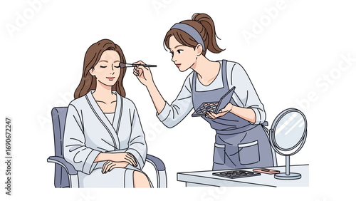 Professional makeup artist applying eyeshadow to a beautiful young woman sitting in a chair in a salon setting with a mirror