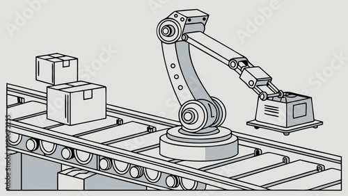 Industrial Robotic Arm Moving Boxes on Conveyor Belt Automation Technology Illustration.