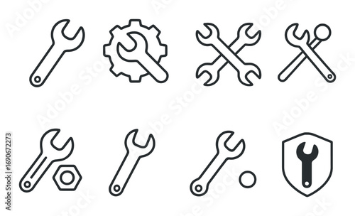 Set of eight monochrome tool icons featuring wrenches and gears