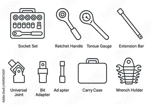 Tool set icons: socket, ratchet, torque gauge, extension, universal joint, adapter, carry case, wrench holder