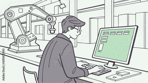 Industrial worker operating robotic arm via computer factory automation manufacturing process illustration.