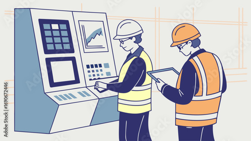 Industrial Workers Monitoring Control Panel Teamwork Technology Efficiency Safety Gear.